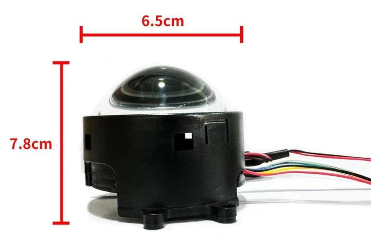 Devil eye lens dimensions, 6.5 cm deep and 7.8 cm tall with the mounting feet