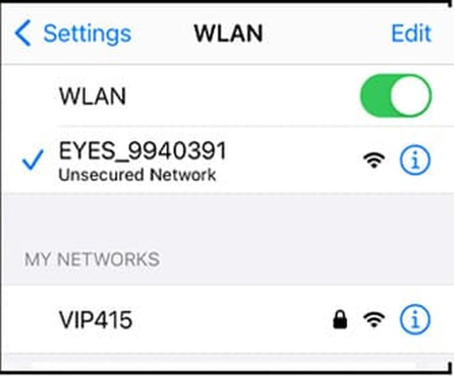 Phone WiFi list showing the EYES network created by the lens